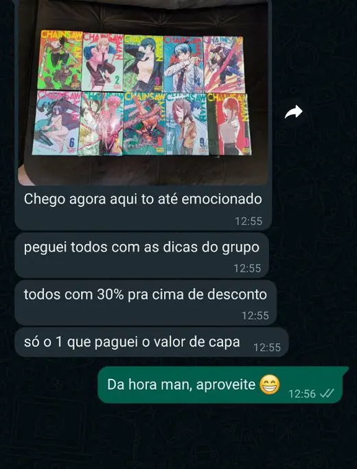 Print de WhatsApp: membro do grupo mostra coleção completa de Chainsaw Man comprada com mais de 30% de desconto seguindo as dicas do grupo