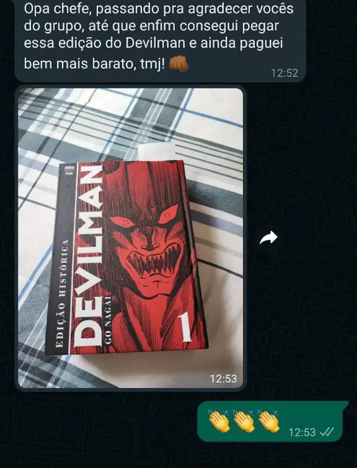 Print de WhatsApp: membro do grupo agradece pela dica que permitiu comprar Devilman Edição Histórica bem abaixo do valor de capa