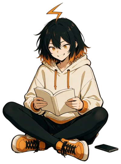 Rinko sentada, lendo um livro de capa lisa